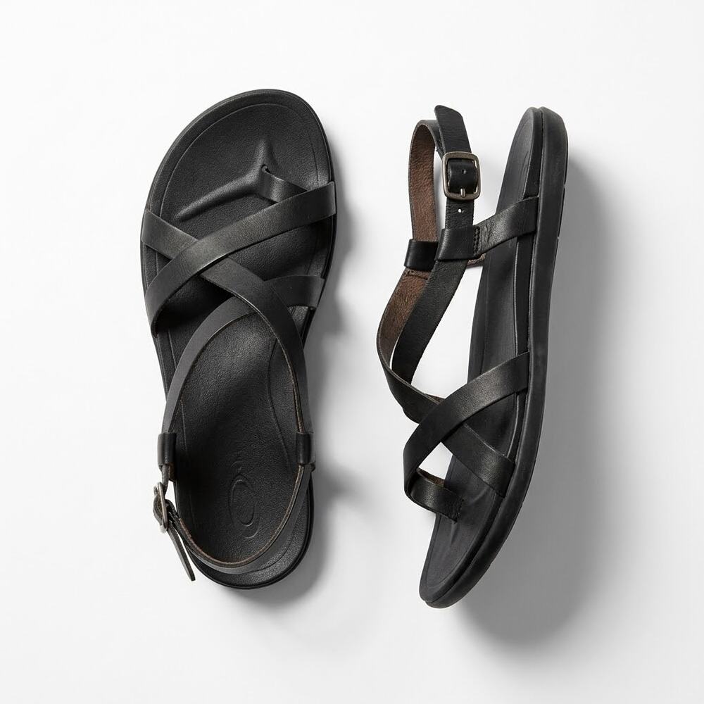 OluKai Black Leather Upena Crisscross Ankle Strap Sandals Womens 10 (EU 40)